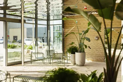 Vinterhaven med planter og siddepladser