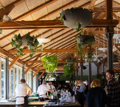 Vestauranten med planter og mennesker