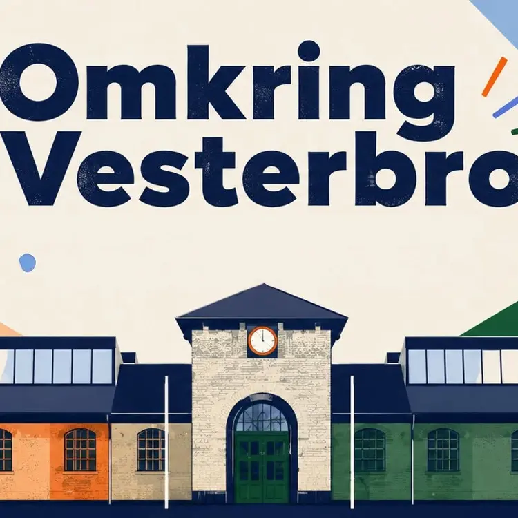 Billede af Øksnehallen med teksten "Omkring Vesterbro" stående over